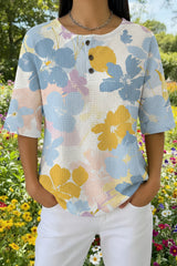 Womens Light Blue Soft Floral Print Casual Waffle Cotton Shirt