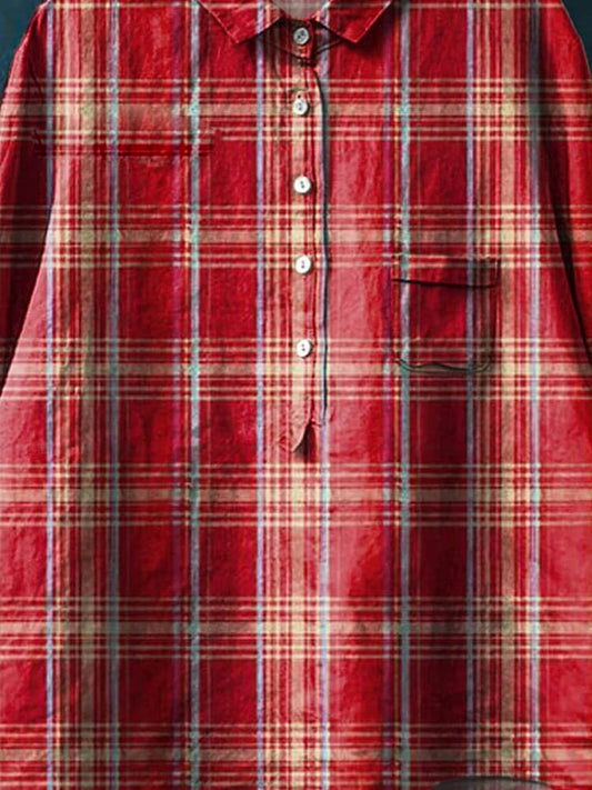 Vintage Plaid Pattern Art Print Casual Cotton And Linen Shirt