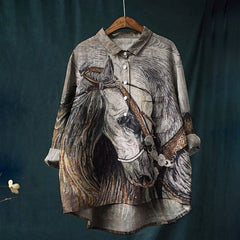 Women's Crying Horse Print Casual Cotton And Linen Shirt