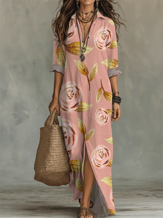Women's Floral Art Print Casual Long Sleeve Cotton Dress