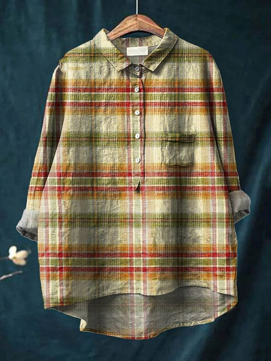 Vintage Plaid Pattern Art Print Casual Cotton And Linen Shirt