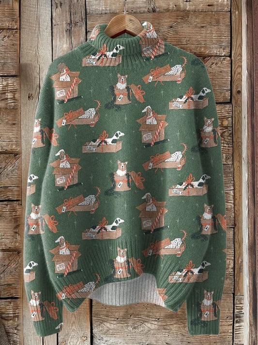 Puppy Dog Christmas Celebration Pattern Printed Knit Turtleneck Pullover Sweater