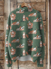 Puppy Dog Christmas Celebration Pattern Printed Knit Turtleneck Pullover Sweater