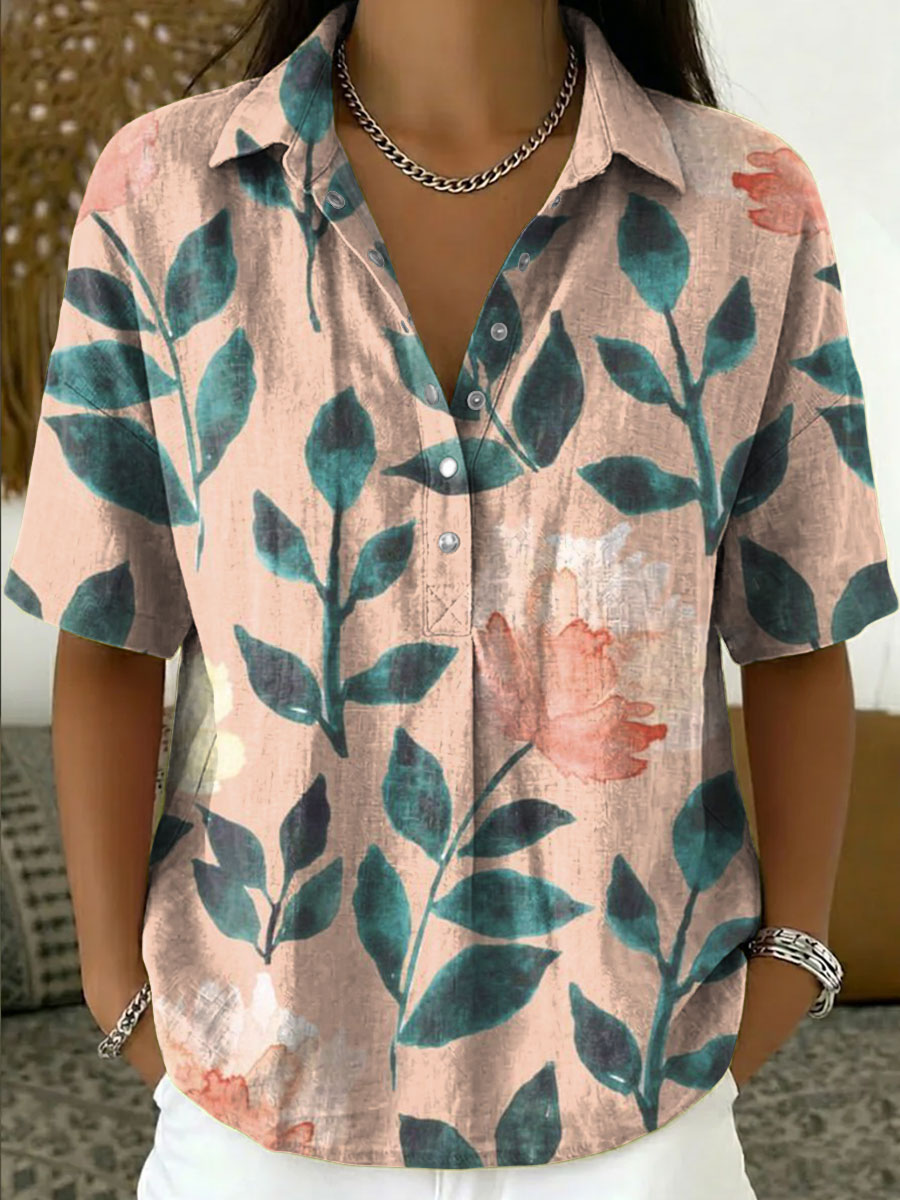 Women's Vintage Botanical Floral Casual Polo Collar Short-sleeved Linen And Cotton Shirt