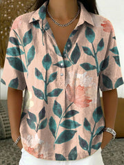 Women's Vintage Botanical Floral Casual Polo Collar Short-sleeved Linen And Cotton Shirt