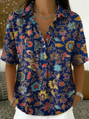 Women's Vintage Botanical Floral Casual Polo Collar Short-sleeved Linen And Cotton Shirt