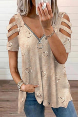 Heart Print V-neck Short Sleeves T-shirt