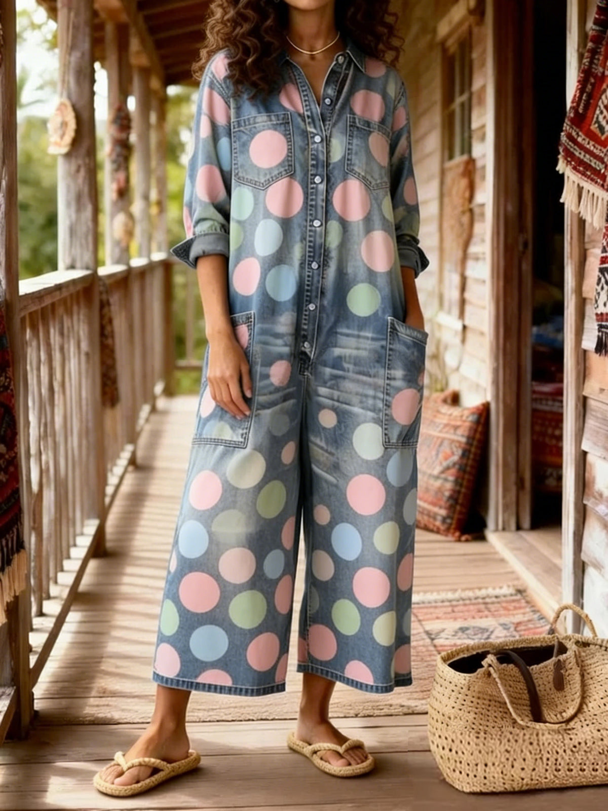 Women's Vintage Bohemian Art Print Casual Washed Cotton linen Denim Jumpsuit