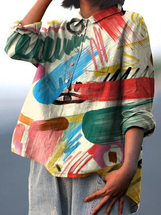 Women's Vintage Hand Painted Colorful Graffiti Print Casual Cotton And Linen Shirt
