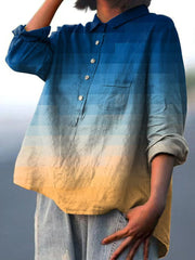 Women's Blue Yellow Ocean Sunset Art Mosaic Gradient Art Print Casual Cotton And Linen Shirt