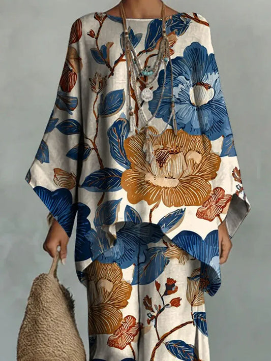 Women's Vintage Floral Art Comfortable Loose Cotton Linen Wide-leg Pants Two-piece Set