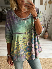 Women's Floral Pattern Art Print Casual Round Neck Lace-up Top