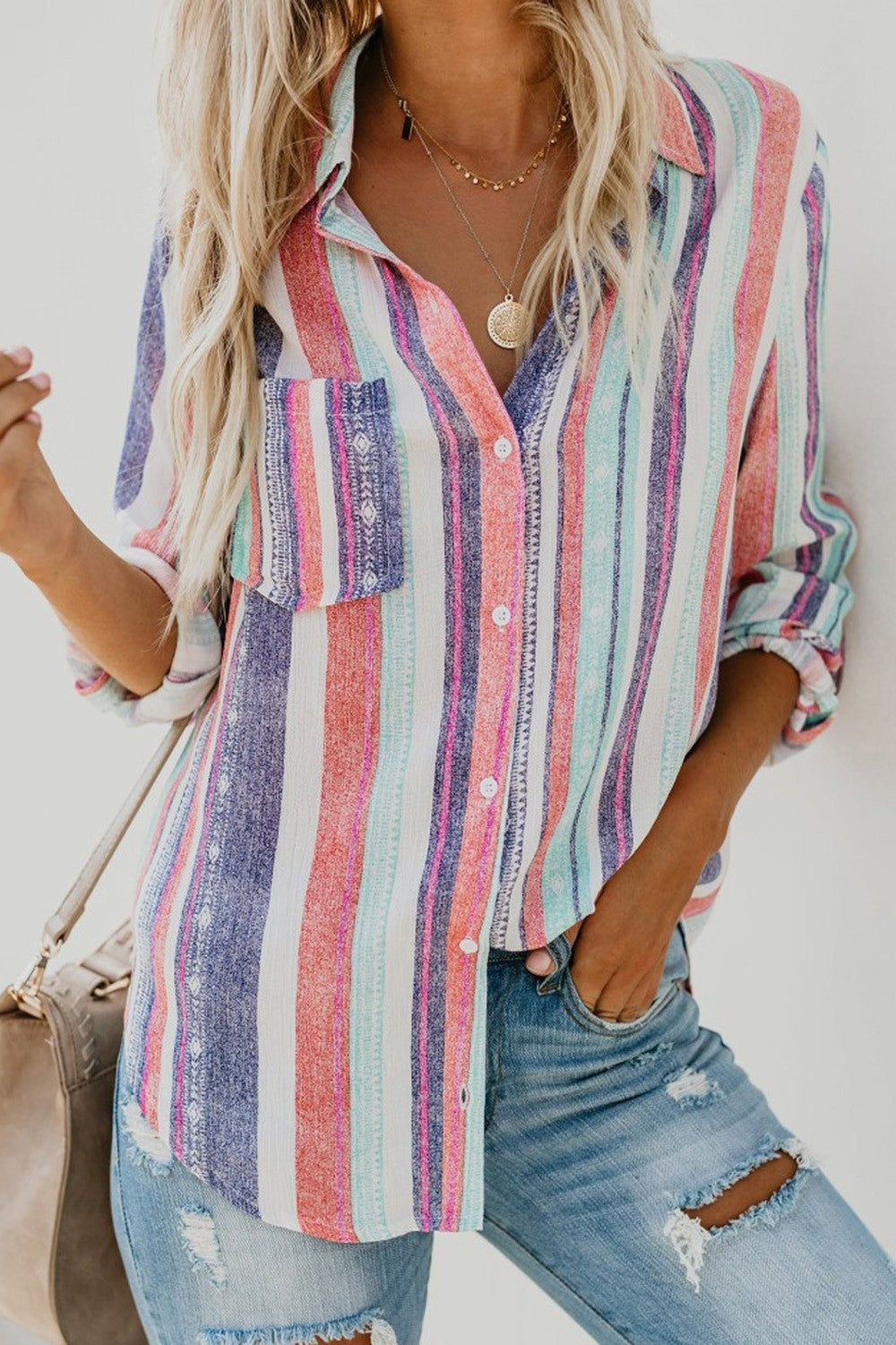 Stripe Print Buttons Collared Long Sleeves Blouse