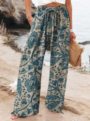 Women's Floral Art Printed Cotton And Linen Casual Pants