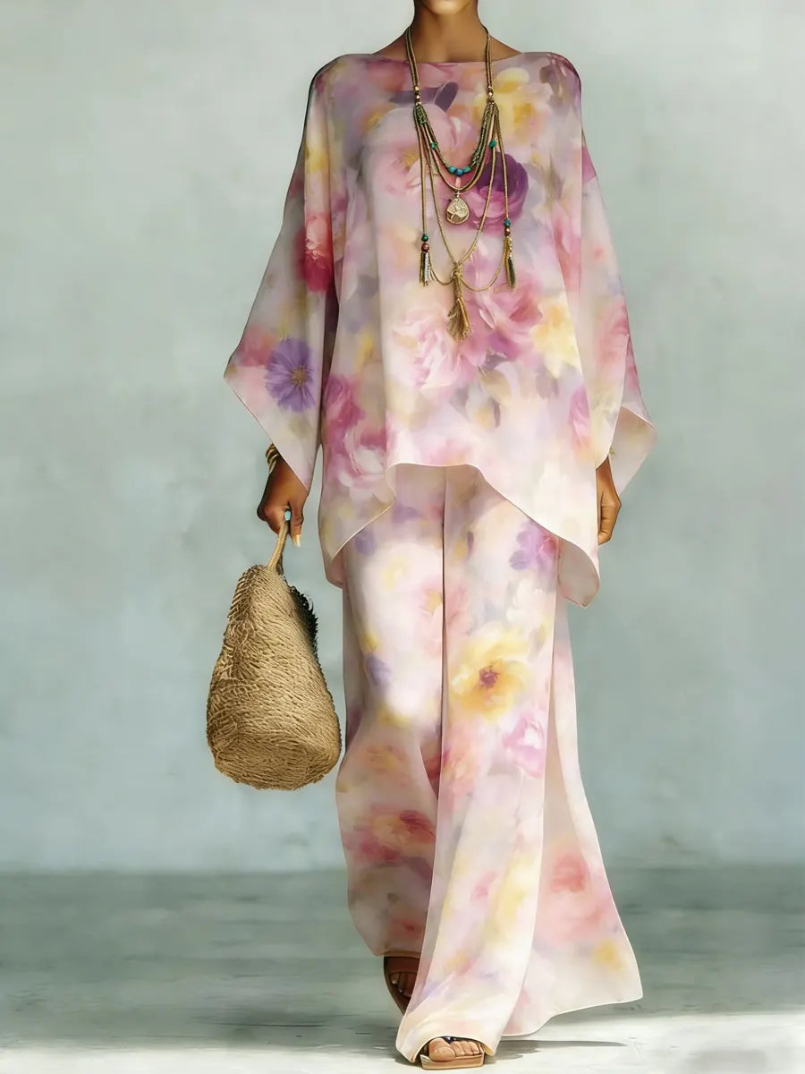 Women's Vintage Floral Art Comfortable Loose Cotton Linen Wide-leg Pants Two-piece Set