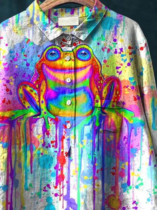 Rainbow Frog Watercolor Art Pattern Print Casual Cotton And Linen Shirt