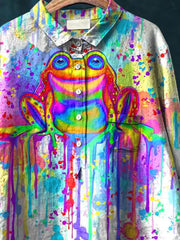 Rainbow Frog Watercolor Art Pattern Print Casual Cotton And Linen Shirt