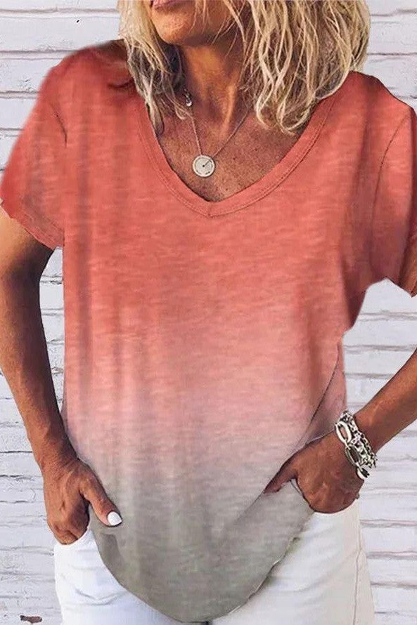 Gradient Color V-neck Short Sleeves T-shirt