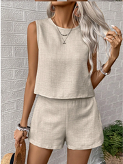 Women Plain Crew Neck Sleeveless Comfy Casual Top With Pants Two-Piece Set