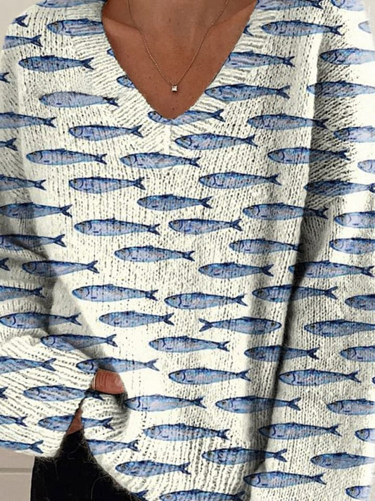 Sardine Fish Swarm Pattern Printed Women's Casual V-Neck Pullover Knit