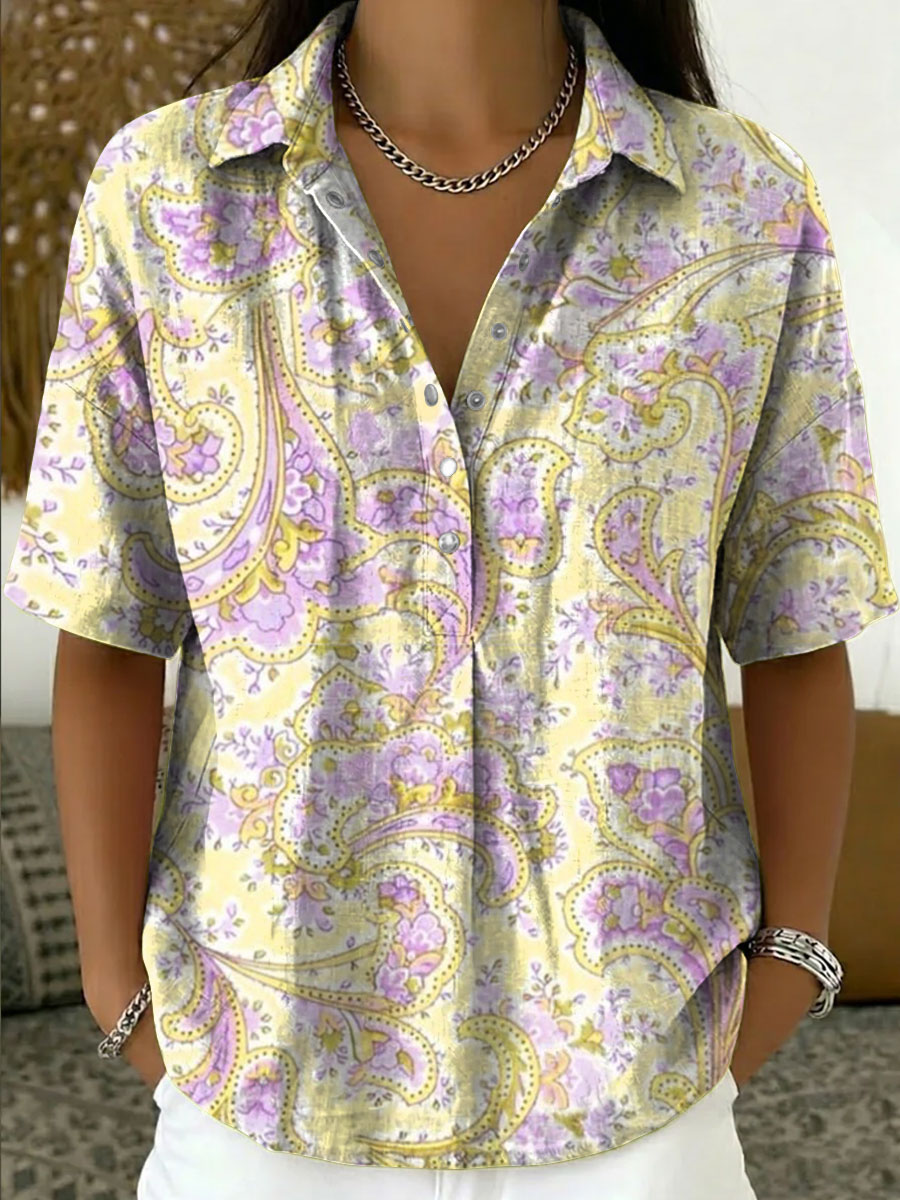 Women's Vintage Botanical Floral Casual Polo Collar Short-sleeved Linen And Cotton Shirt