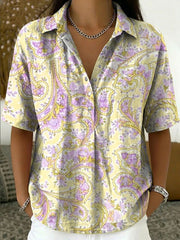 Women's Vintage Botanical Floral Casual Polo Collar Short-sleeved Linen And Cotton Shirt