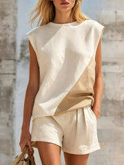 Women's Retro Color-block  Sleeveless Round Neck Cotton And Linen T-shirt And Shorts Set