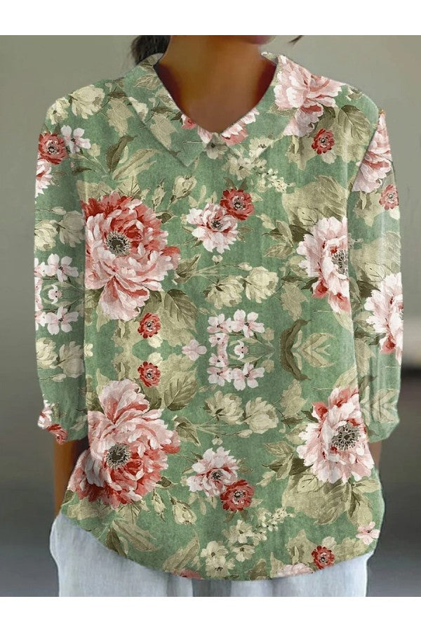 Floral Round Neck 3/4 Sleeves Casual Shirt