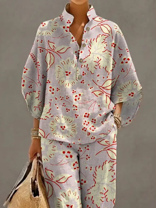 Women's Retro Floral Art Print Casual 3/4 Sleeve Top And Pants Cotton Linen Suits