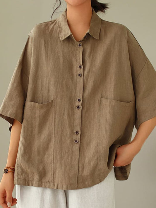 Women's Retro Lapel Solid Color Casual Cotton And Linen Shirt