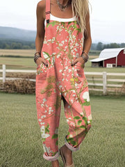 Women's Vintage Floral Art Print Casual Cotton Wide Leg Jumpsuit