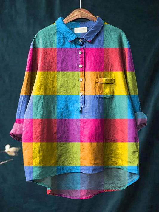 Women's Colorful Plaid Art Print Casual Cotton And Linen Shirt