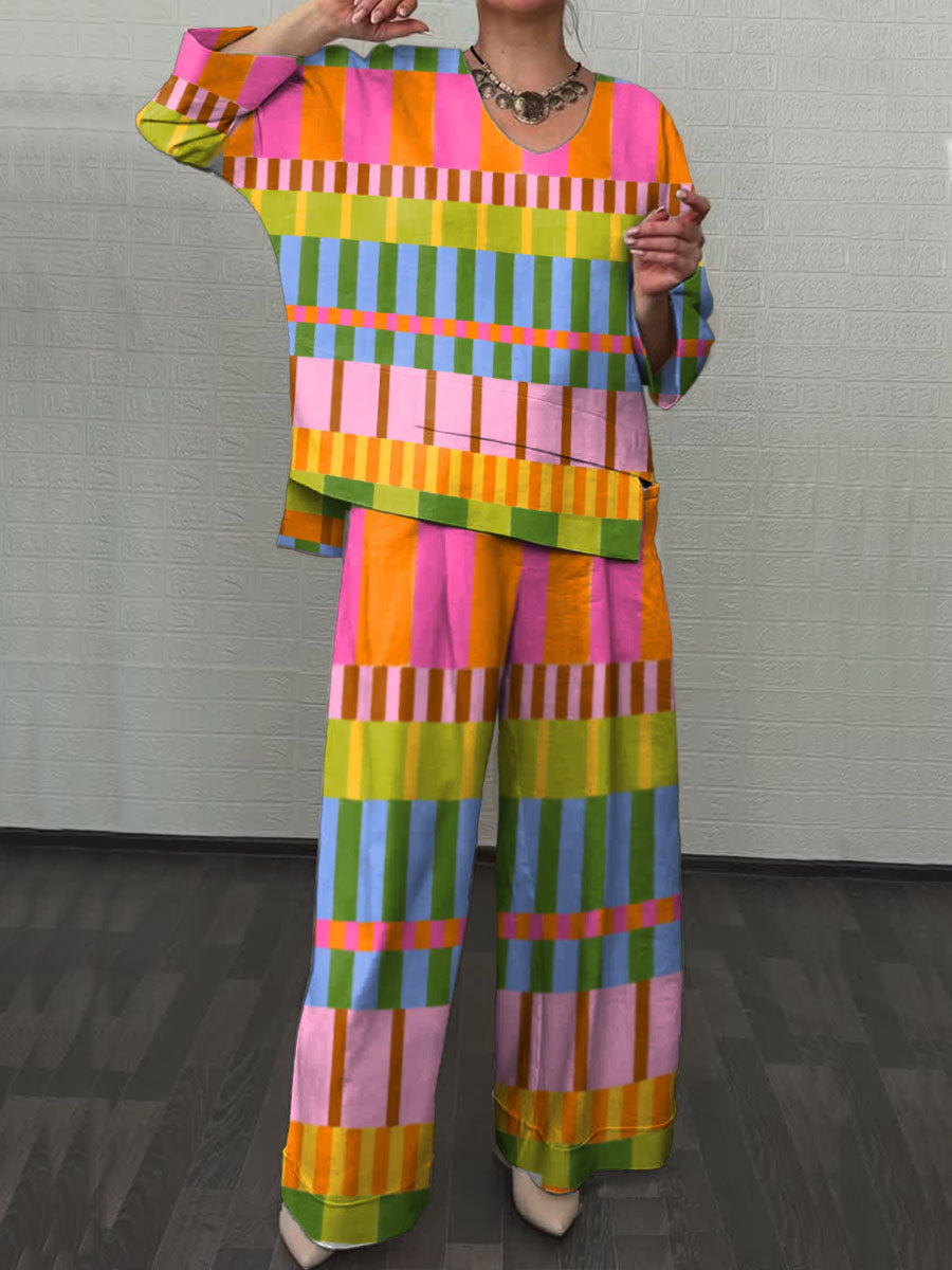 Women's Abstract Geometric Pattern Art Print Casual Cotton And Linen Two-piece Sets