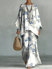 Women's Vintage Floral Art Comfortable Loose Cotton Linen Wide-leg Pants Two-piece Set