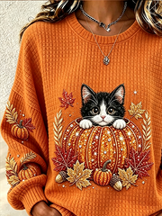 Casual Cat Crew Neck Long Sleeve Sweatshirt