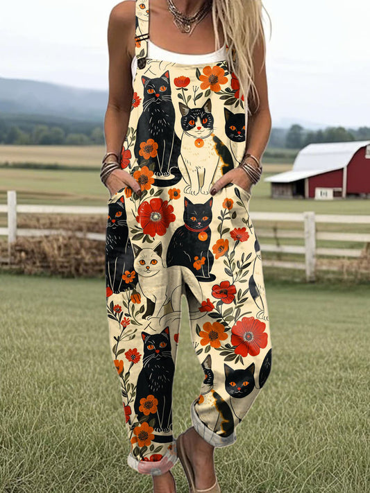 Women's Lovely Cats Floral Pattern Art Print Casual Wide Leg Jumpsuit