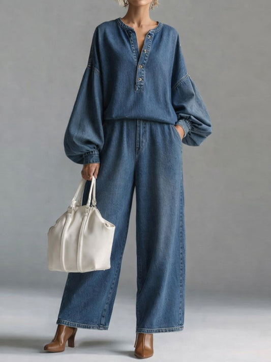 Women's V-neck Long-sleeved Casual Loose Denim Top And High-waisted Loose Wide-leg Denim Pants Set.