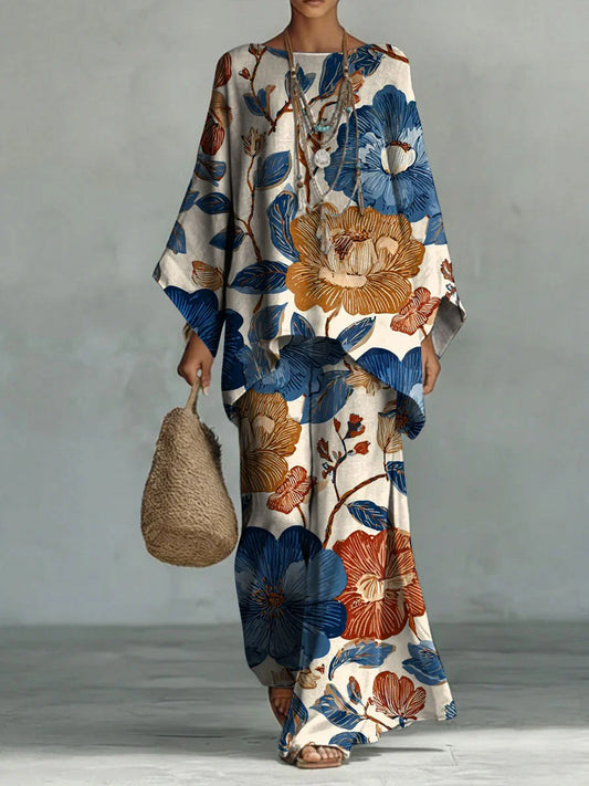 Women's Vintage Floral Art Comfortable Loose Cotton Linen Wide-leg Pants Two-piece Set