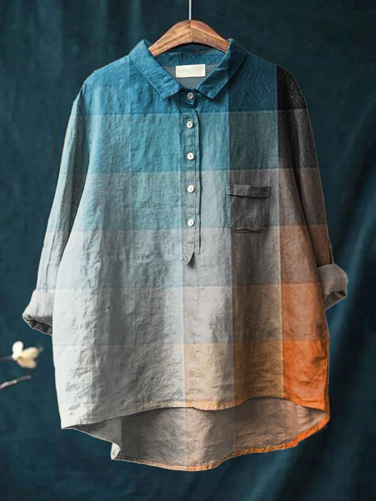 Women's Orange Blue Art Mosaic Gradient Art Print Casual Cotton And Linen Shirt
