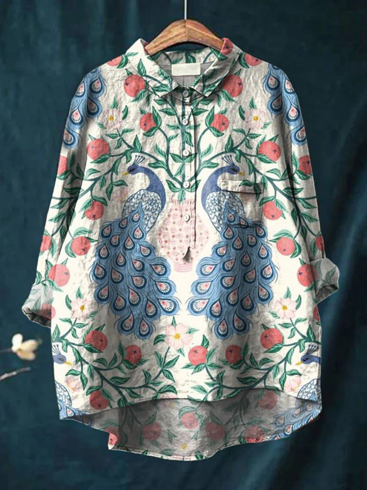 Women's Peacock Fruit Print Casual Cotton And Linen Shirt