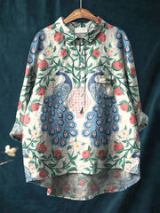 Women's Peacock Fruit Print Casual Cotton And Linen Shirt