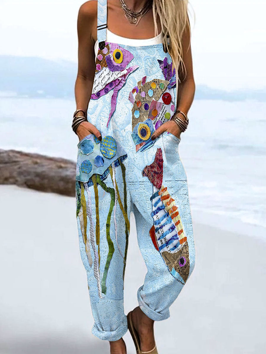 Women's Vintage Ocean Fish Art Print Casual  Wide Leg Jumpsuit