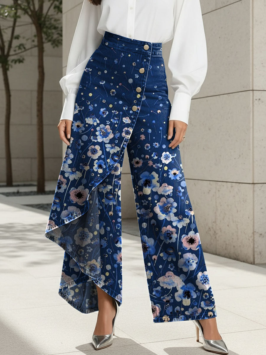 Women's Flower Print High-waisted Relaxed Fit Wide-leg Jeans With A Stylish Design.