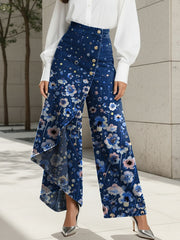 Women's Flower Print High-waisted Relaxed Fit Wide-leg Jeans With A Stylish Design.