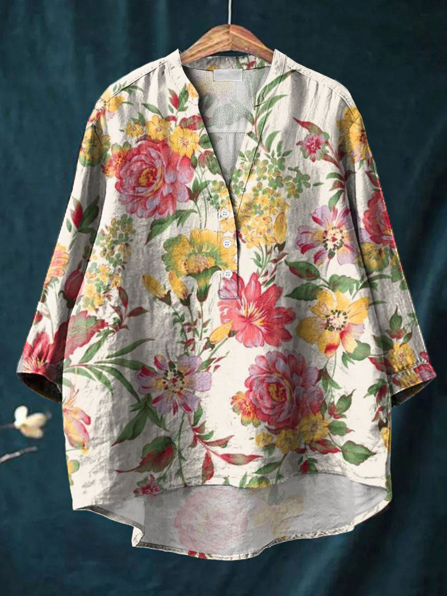 Women's Vintage Art Flower Print Casual Cotton And Linen Ruffle Shirt