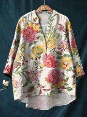 Women's Vintage Art Flower Print Casual Cotton And Linen Ruffle Shirt
