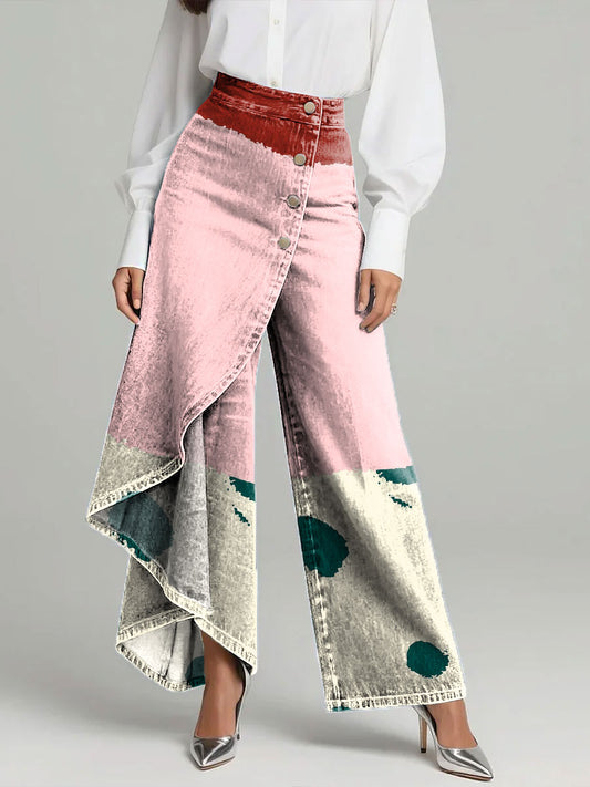 Women's Vintage Geometry Color Abstraction Collage Patterns Print High-waisted Relaxed Fit Wide-leg Jeans With A Stylish Design.