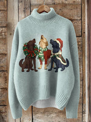 Lovely Labrador Dog And Christmas Graphic Printed Knit Turtleneck Pullover Sweater