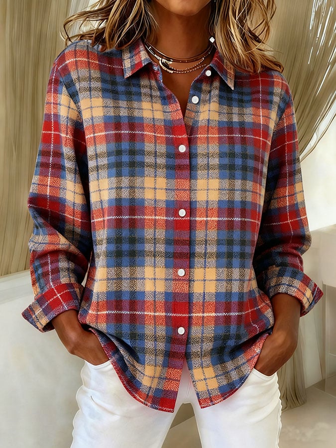 Women's Plaid Print Casual Lapel Shirt