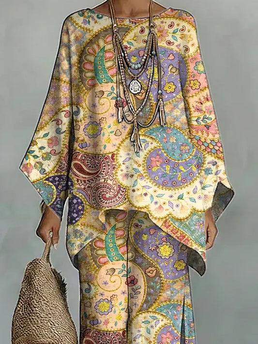 Women's Vintage Ethnic Floral Art Comfortable Loose Cotton Linen Wide-leg Pants Two-piece Set
